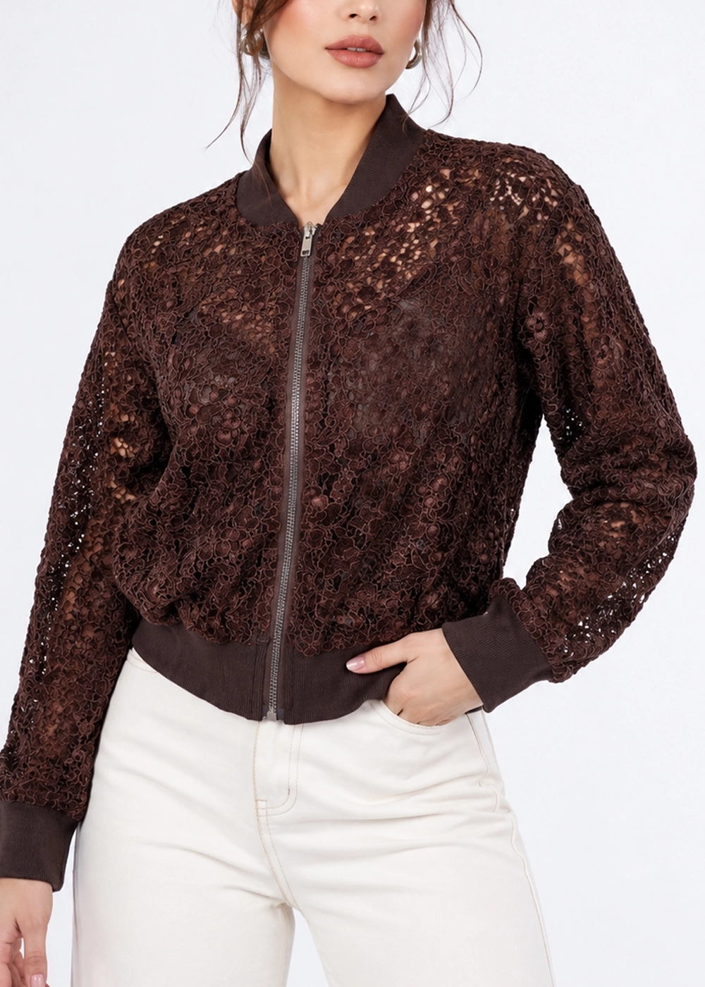 wcr071-women-bomber-jacket-front-view-brown تنخور بامبر جکت زنانه مدل wcr071 نمای روبرو