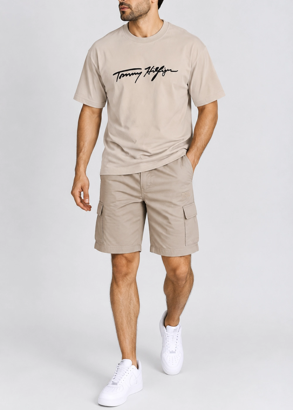 mcs004-men-set-regular-fit-cream-front-view (3) تنخور ست تیشرت و شلوارک مردانه مدل mcs004 رنگ کرم نمای روبرو